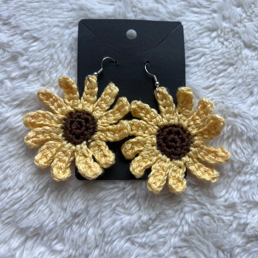 Handmade Crochet Sunflower Earrings Yellow Floral Boho Statement Jewelry NEW
